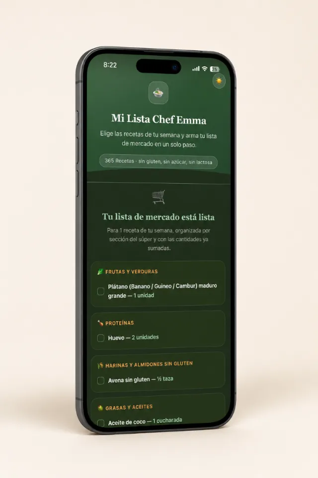 App Mi Lista Chef Emma mostrando la lista de compras generada